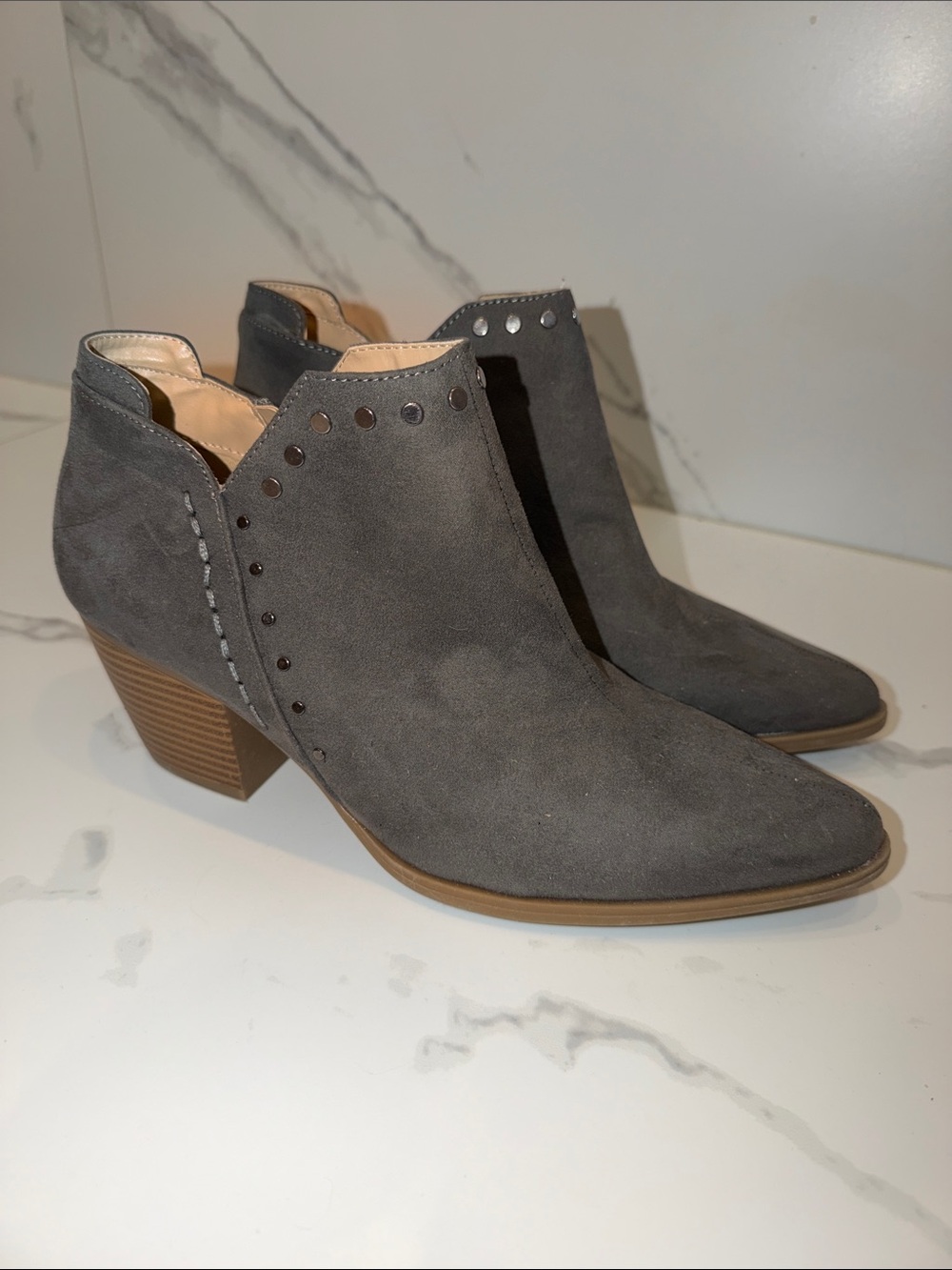Women's Grey Suede Studded Ankle Booties